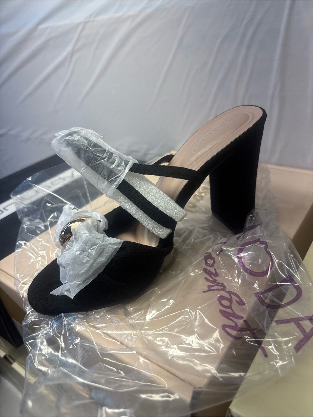 TOP Moda Black Block Heel Mule with White Contrast Straps